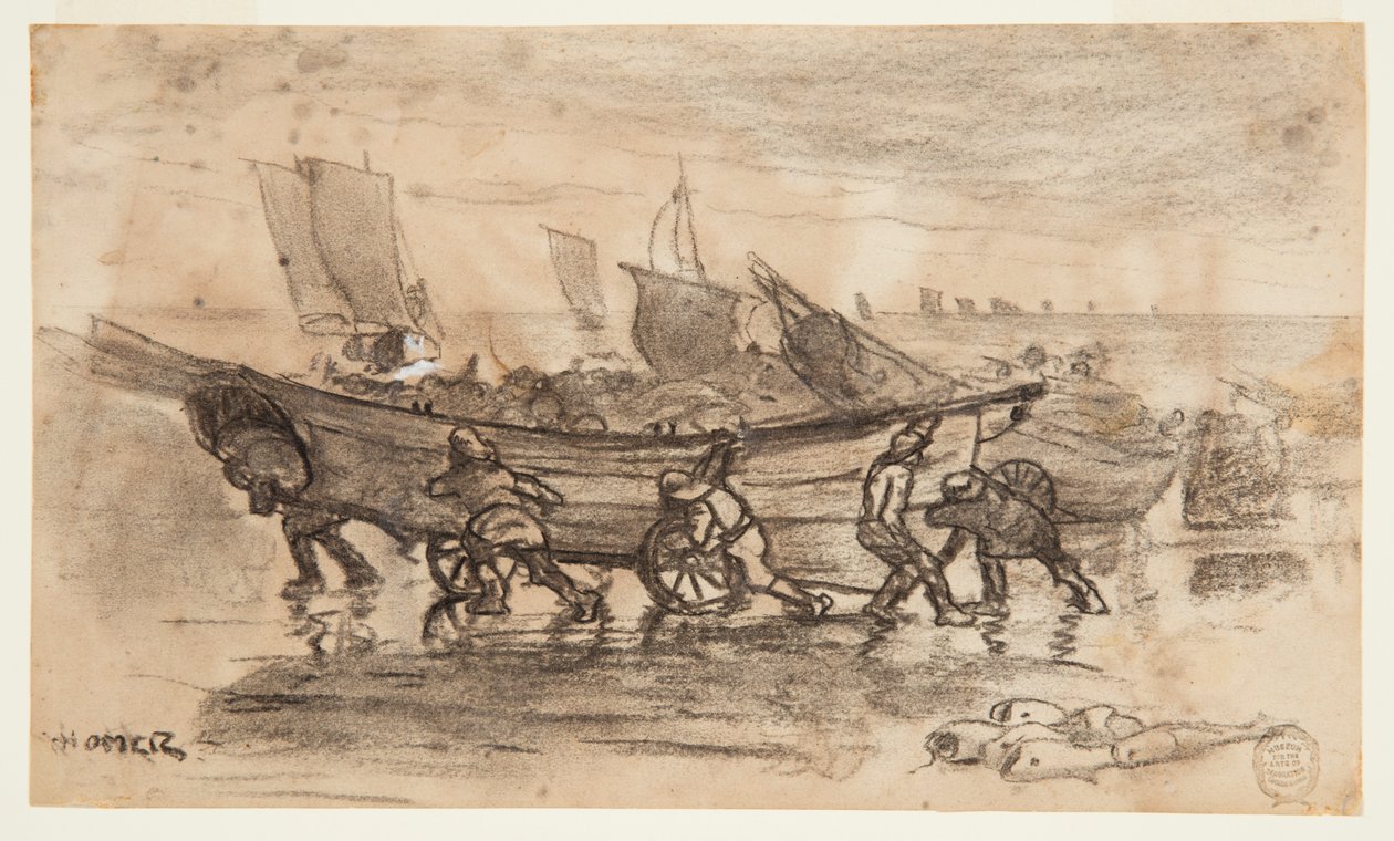 Vissers die een dory aan land brengen, Cullercoats, Engeland door Winslow Homer