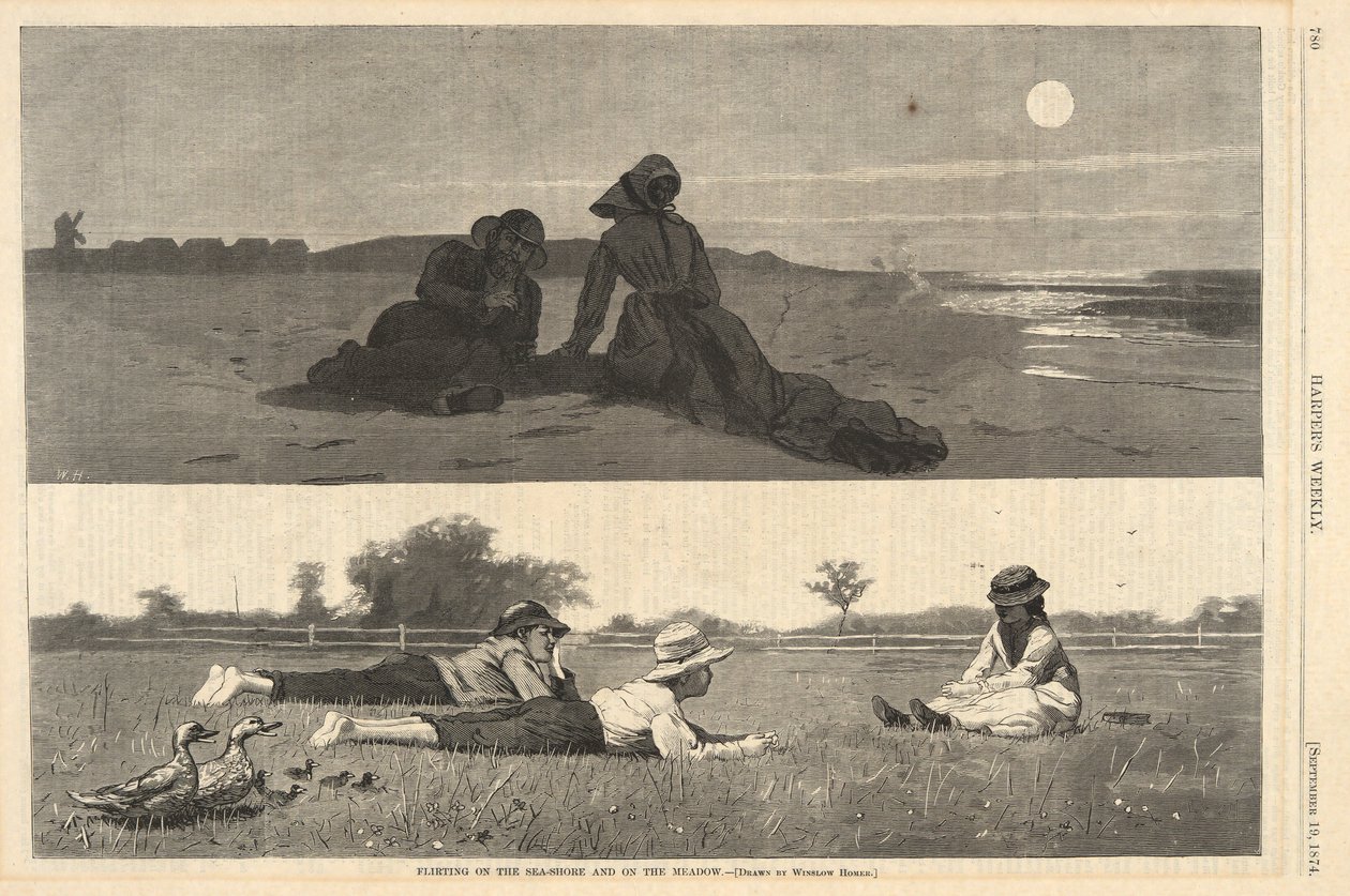 Flirten aan de kust en op de weide, uit Harper door Winslow Homer