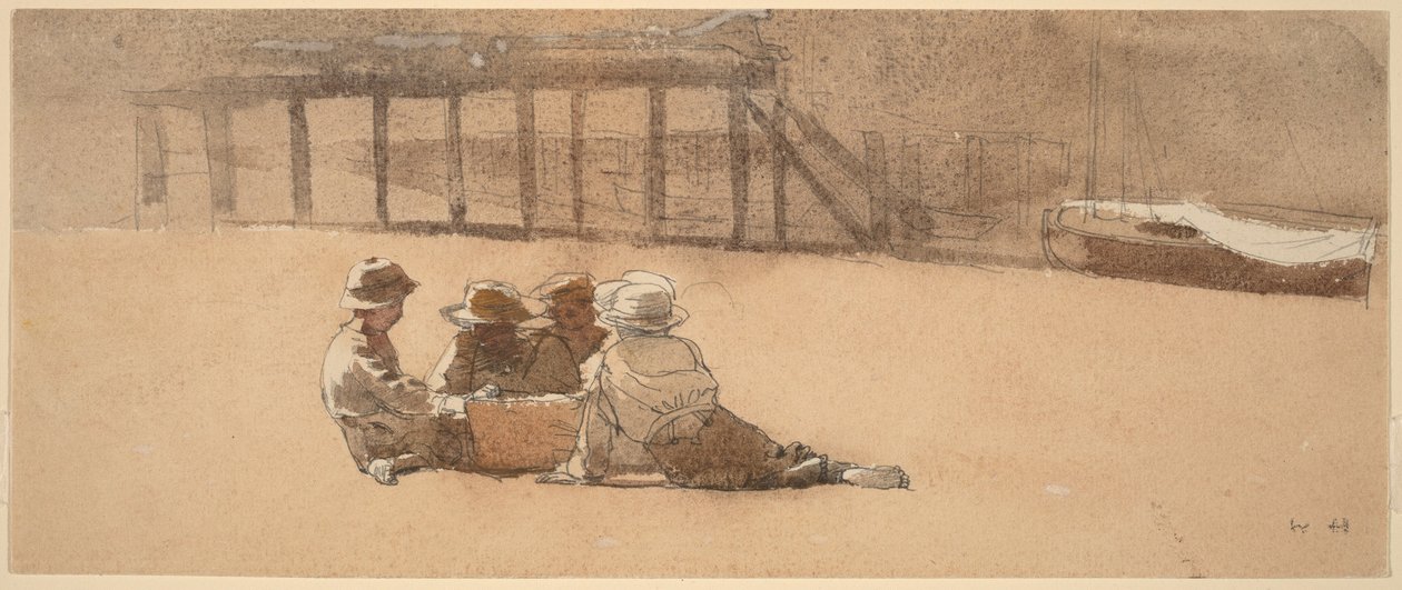 Vier jongens op een strand door Winslow Homer