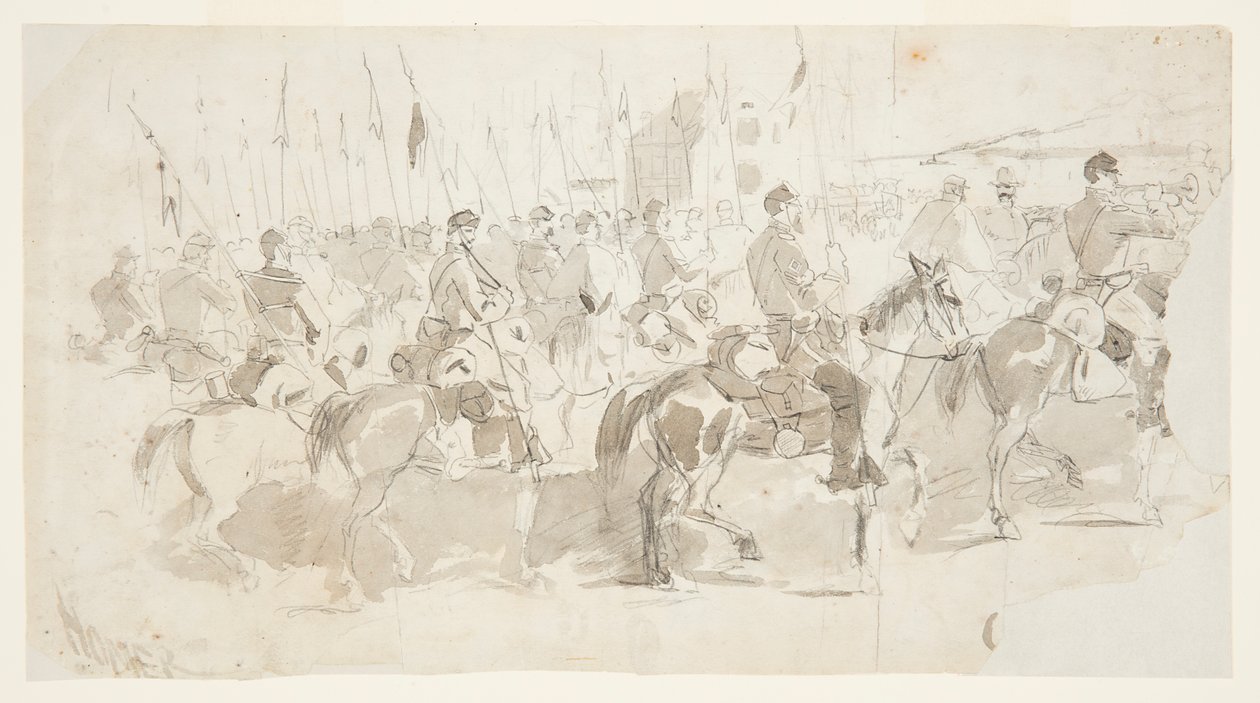 Het Zesde Cavalerie Regiment van Generaal McClellan, Inscheping in Alexandria voor Old Point Comfort door Winslow Homer