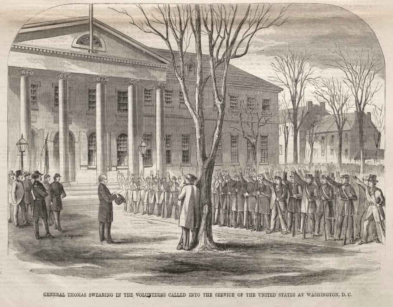 Generaal Thomas beëdigt de vrijwilligers die in dienst van de Verenigde Staten zijn geroepen in Washington D.C. door Winslow Homer