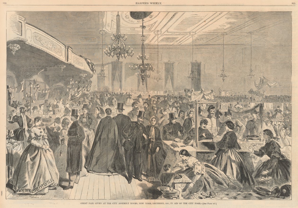 Grote kermis gehouden in de stadsvergaderzalen, New York, december 1861, ten behoeve van de stadsarmen; uit Harper door Winslow Homer