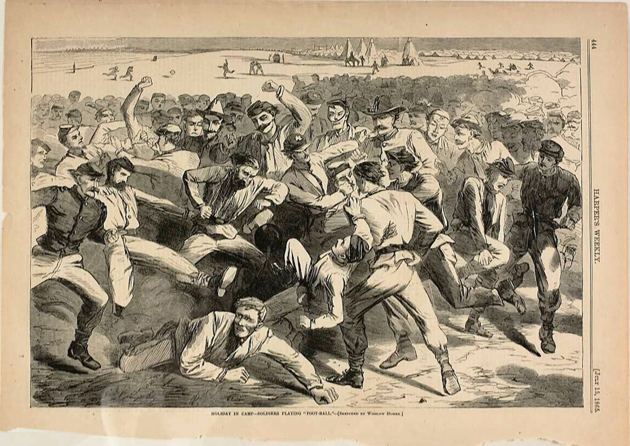 Vakantie in het kamp - Soldaten spelen "Foot-Ball" door Winslow Homer