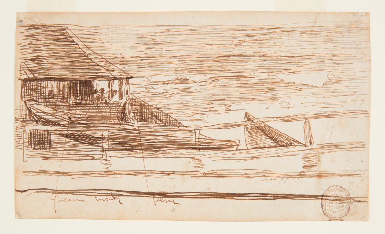 Huis bij een hek met gestrande dories door Winslow Homer