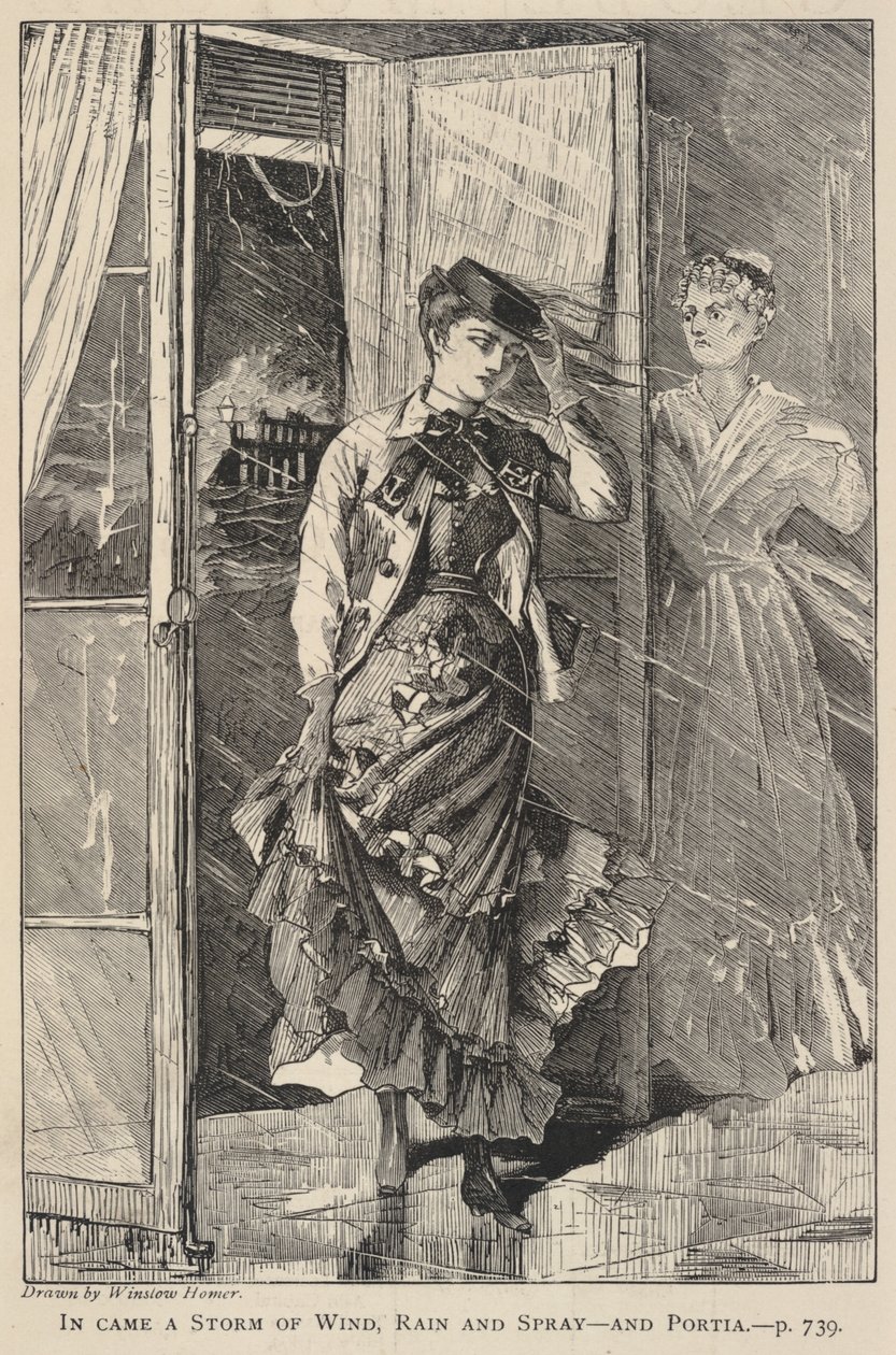 Er stak een storm van wind, regen en zeewater op - en Portia, uit The Galaxy, december 1869 door Winslow Homer