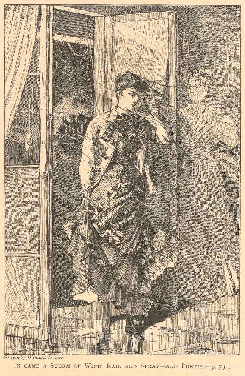 Er brak een storm los van wind, regen en opspattend water – en Portia., uit The Galaxy, december 1869 door Winslow Homer