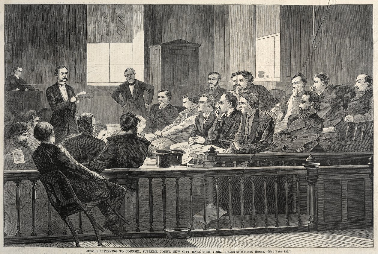 Juristen luisteren naar de raadsman, Hooggerechtshof, New City Hall, New York, 1869 door Winslow Homer