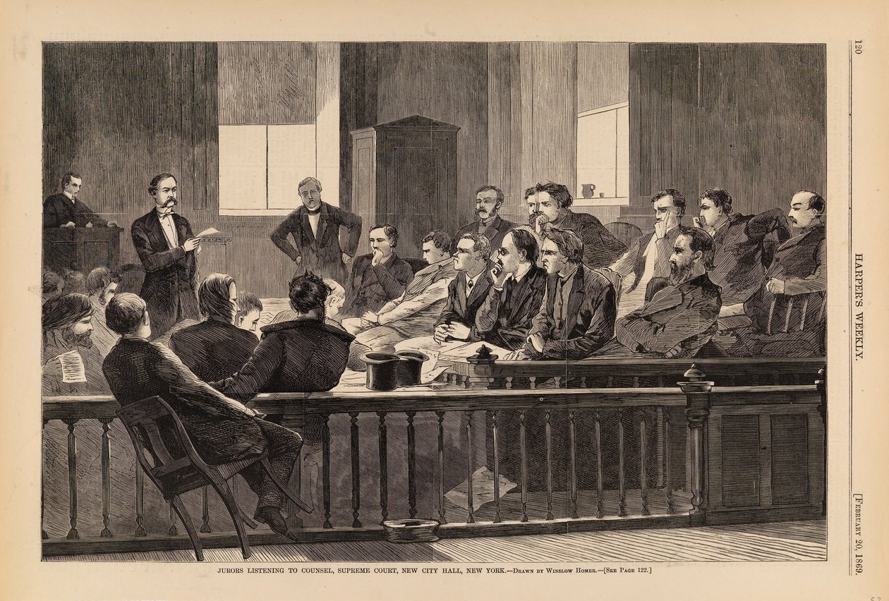 Juryleden luisteren naar raadslieden, Supreme Court, New City Hall, New York, uit Harper