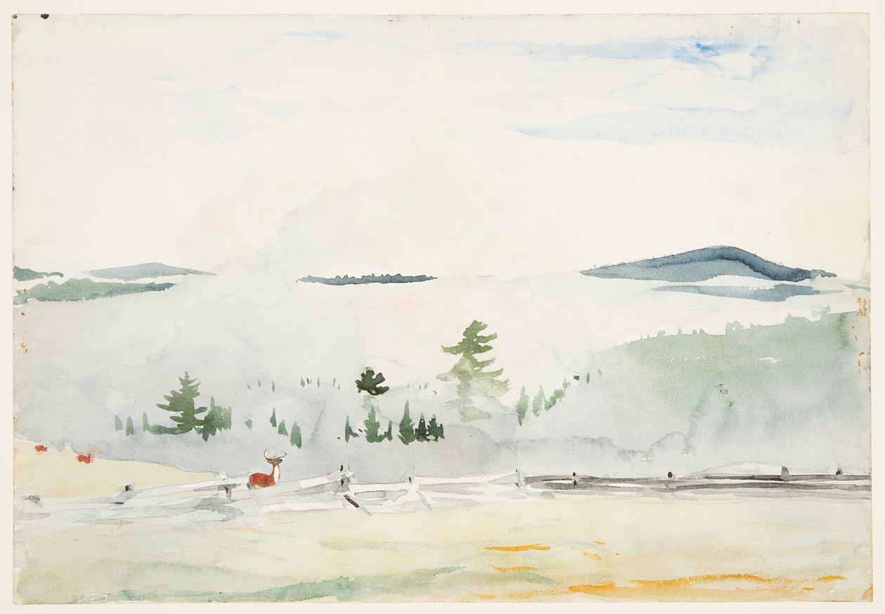Landschap met herten in een ochtendnevel door Winslow Homer