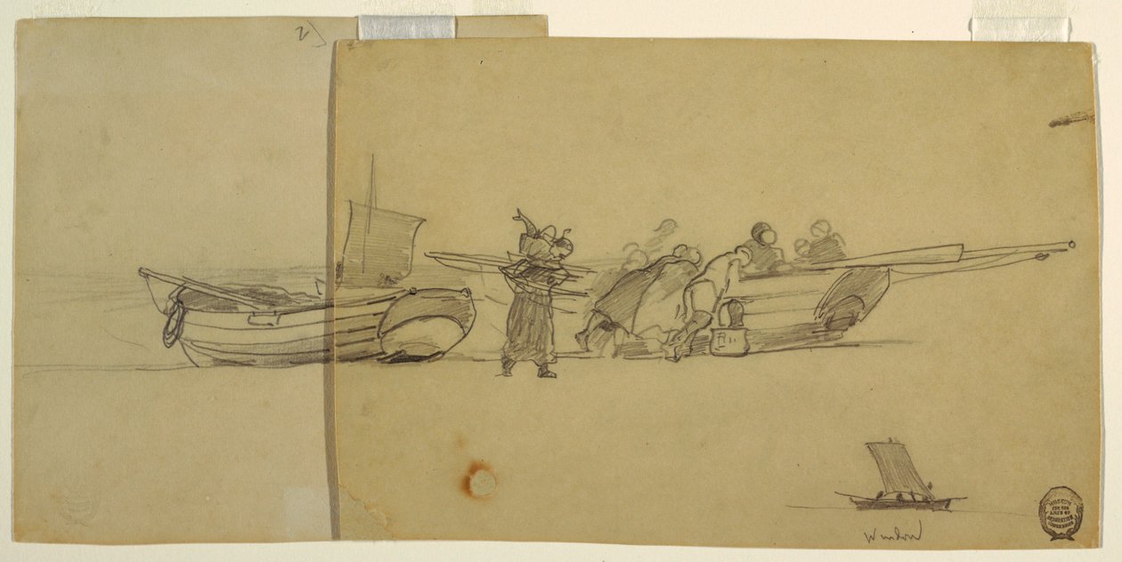 Mannen en vrouwen lossen een vissersboot, Cullercoats, Engeland door Winslow Homer