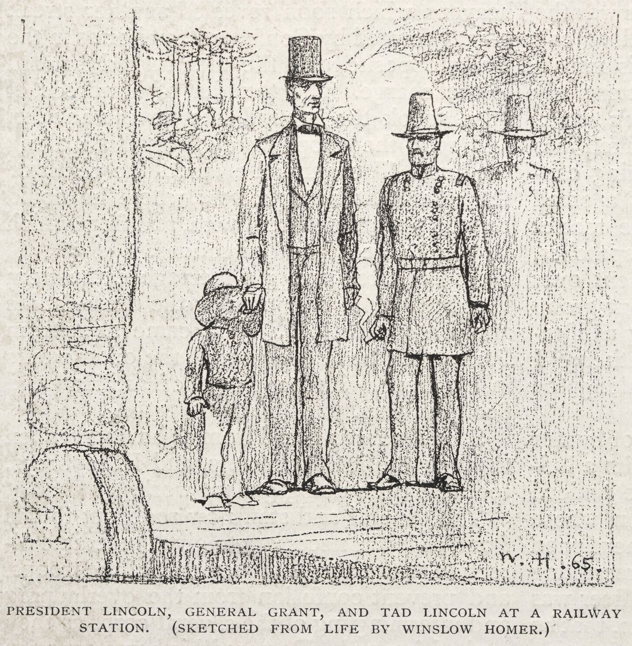 President Lincoln, Generaal Grant, en Tad Lincoln op een Treinstation, 1887 door Winslow Homer