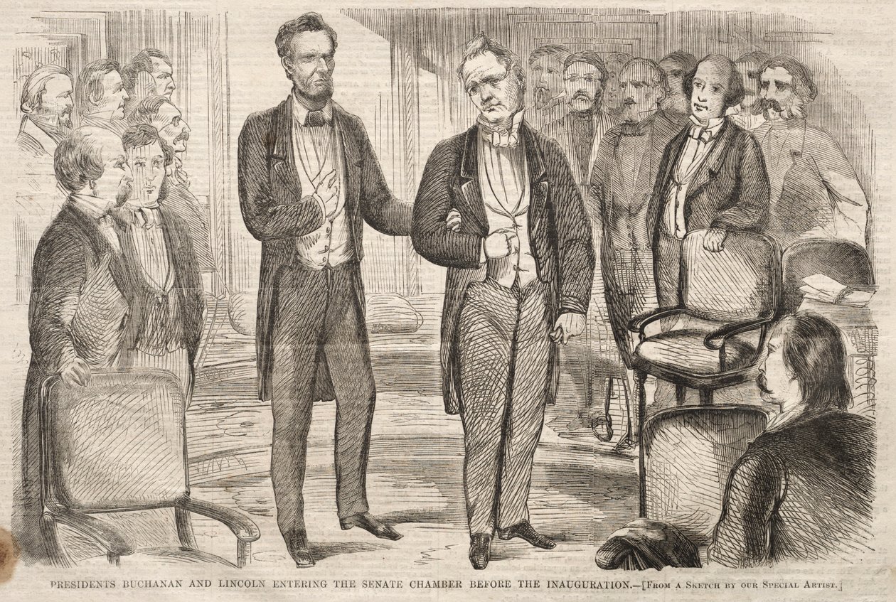President Buchanan en president Lincoln betreden de Senaatskamer voor de inauguratie door Winslow Homer
