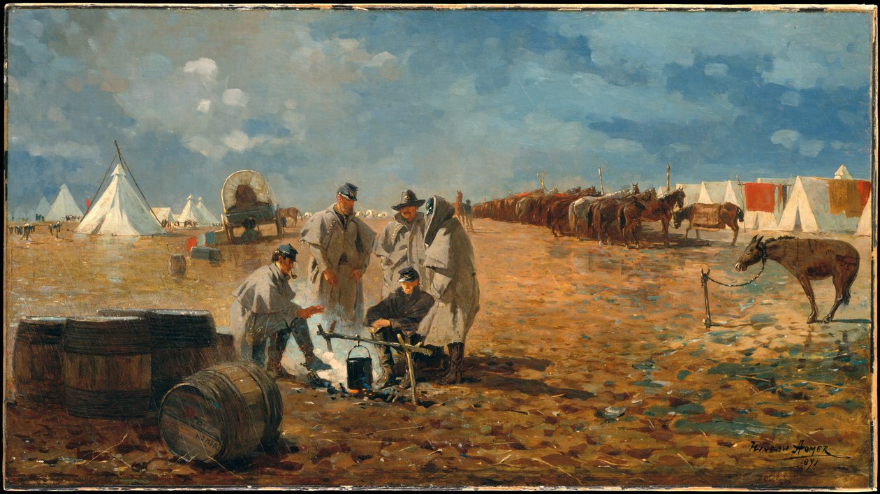Een regenachtige dag in het kamp door Winslow Homer