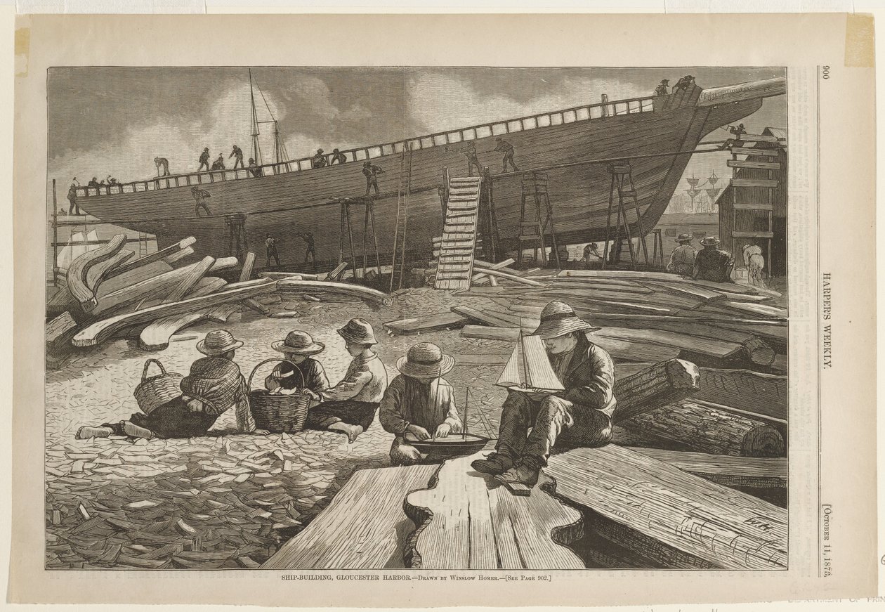 Scheepsbouw, haven van Gloucester door Winslow Homer