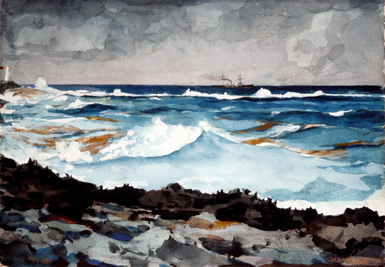 Kust en branding, Nassau, 1899 door Winslow Homer
