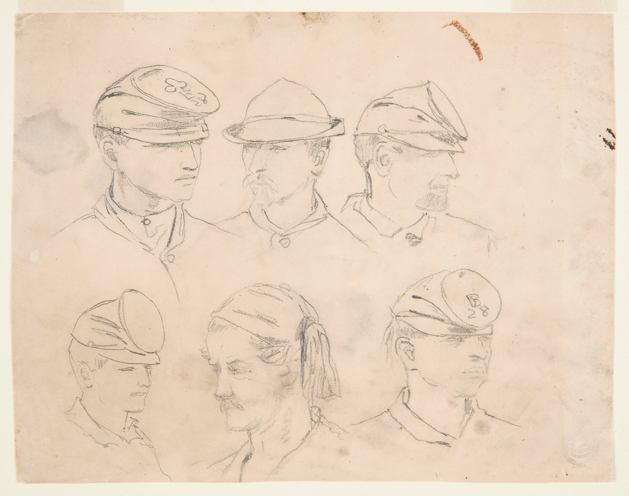 Zes studies van soldatenhoofden door Winslow Homer