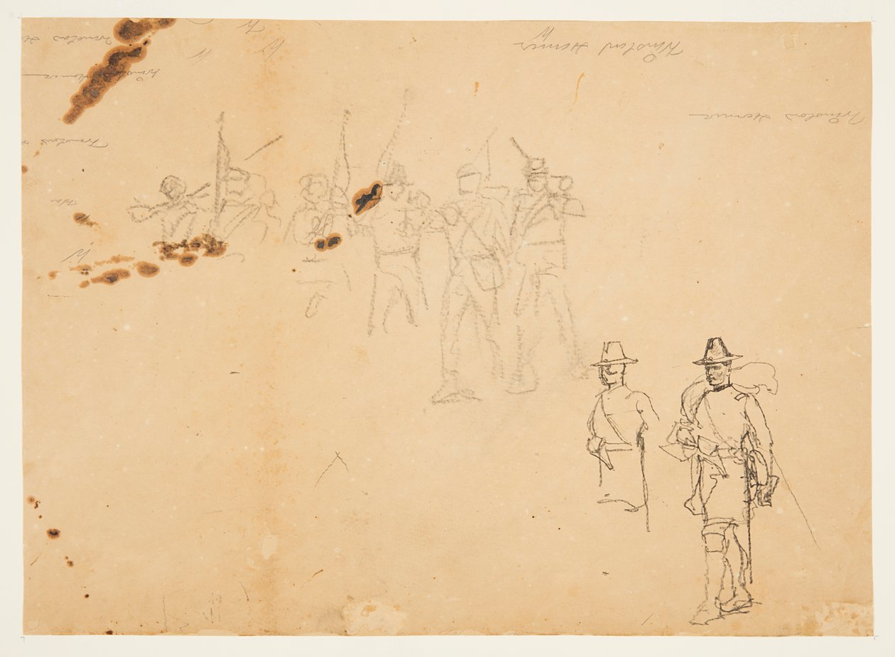 Schetsen van enkele infanteriefiguren en oefenhandtekeningen door Winslow Homer