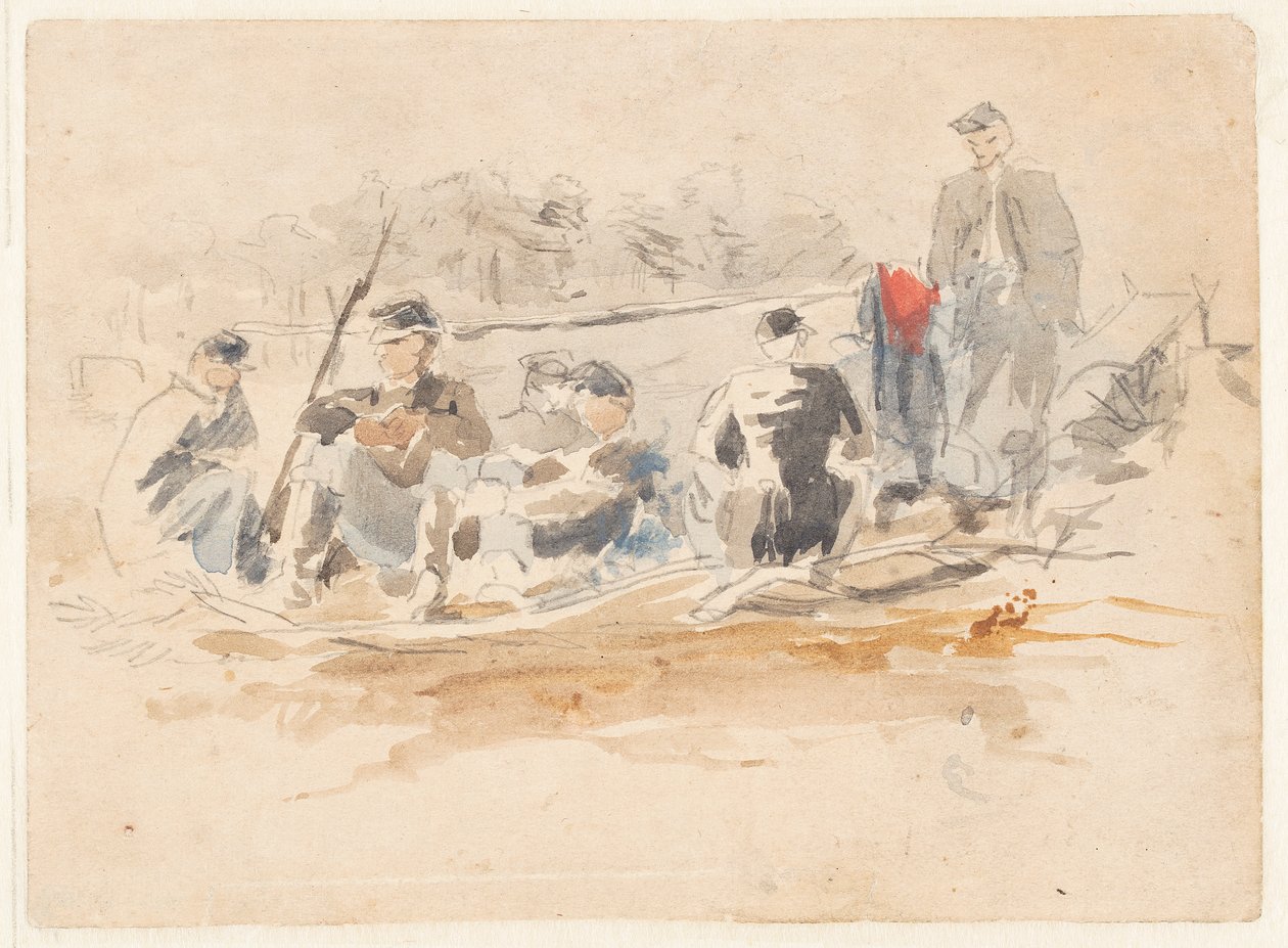 Zittende soldaten in een groep door Winslow Homer