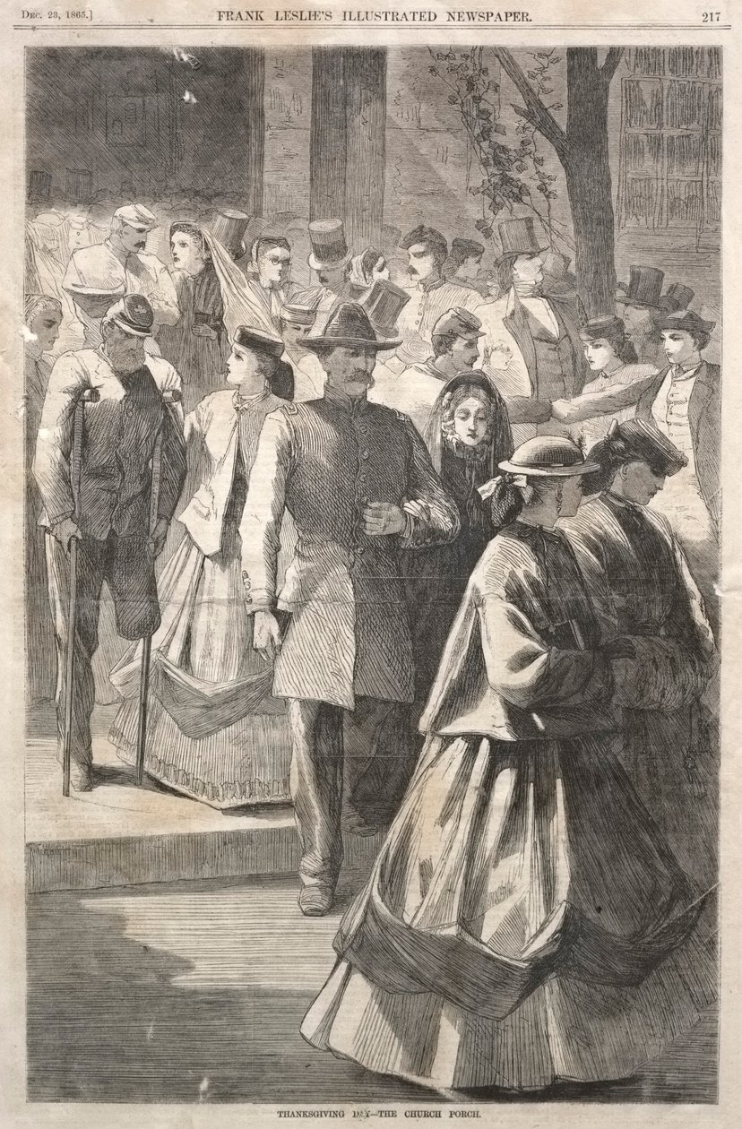 Dankdag - De portiek van de kerk door Winslow Homer