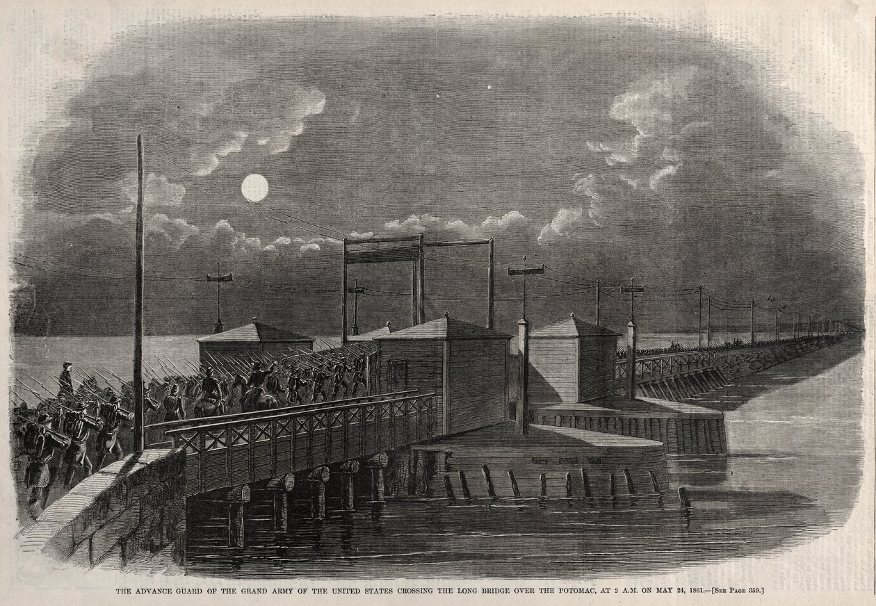 De voorhoede van het Grote Leger van de Verenigde Staten bij het oversteken van de Long Bridge over de Potomac, om 2 uur ’s nachts op 24 mei 1861 door Winslow Homer