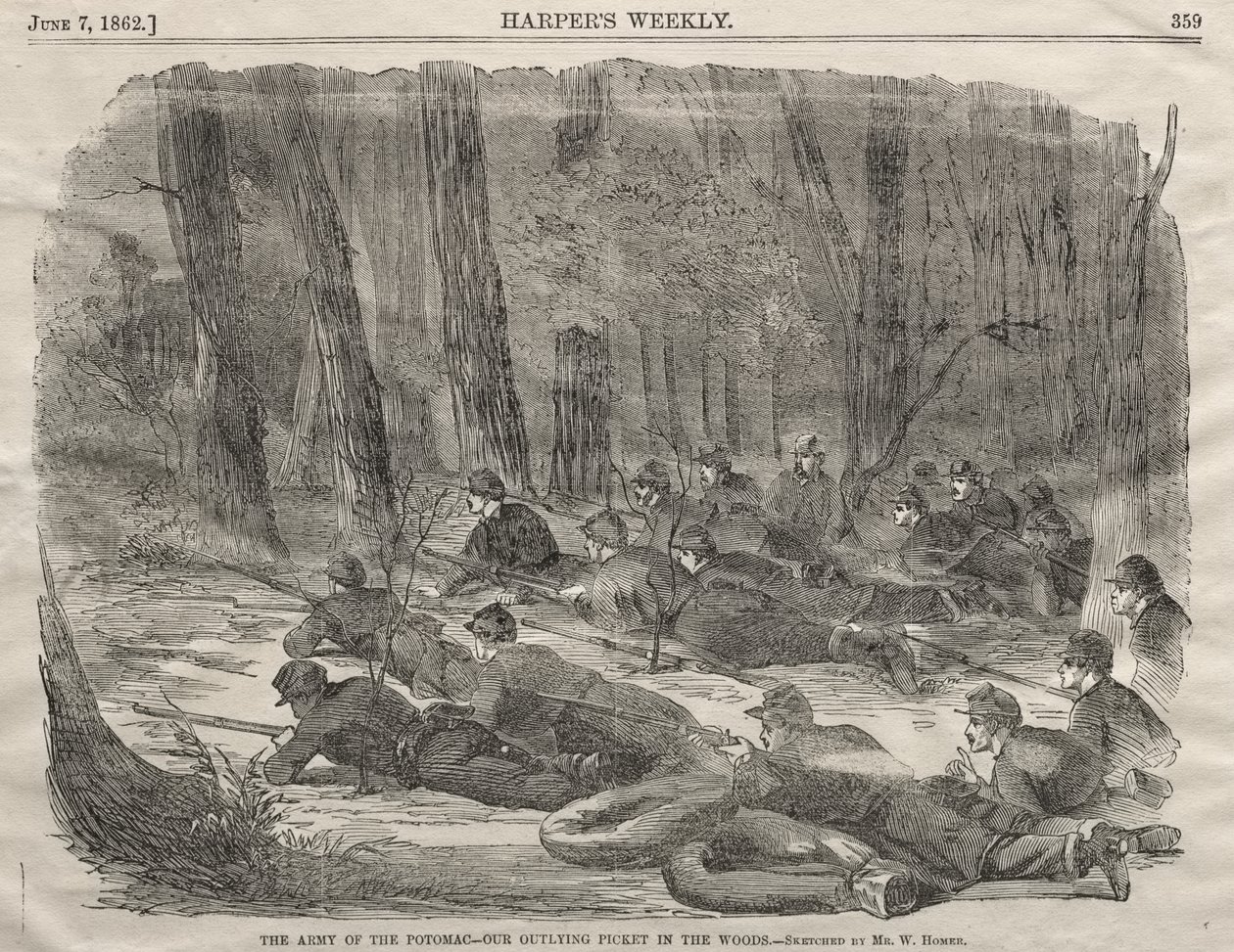 Het Leger van de Potomac - Onze vooruitgeschoven wachtpost in het bos door Winslow Homer