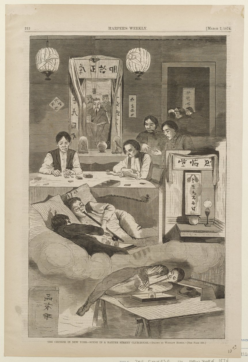 De Chinezen in New York – Een scène in een clubhuis aan Baxter Street door Winslow Homer