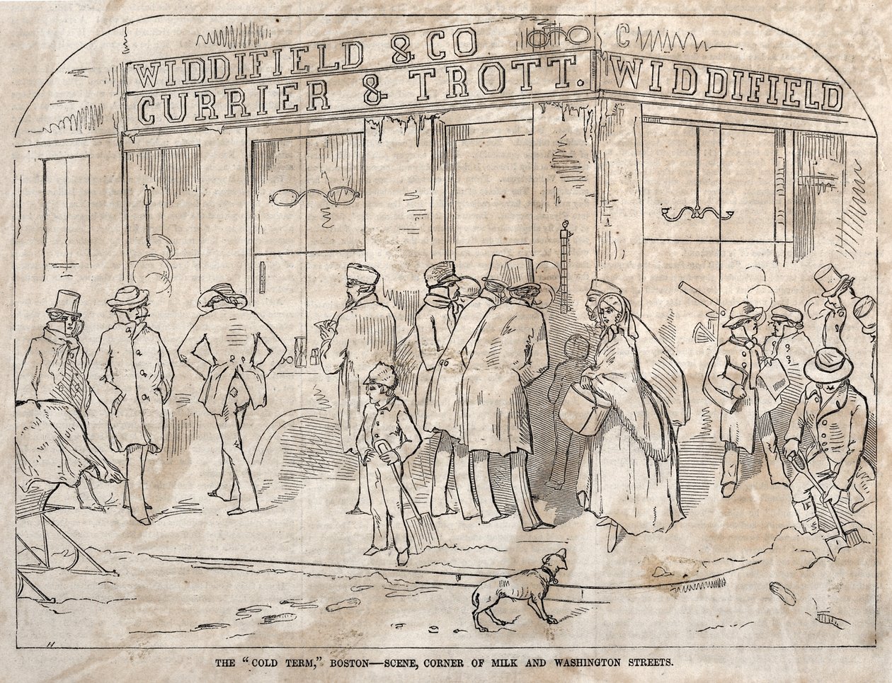 De "Cold Term," Boston - Scène, hoek Milk en Washington Streets door Winslow Homer