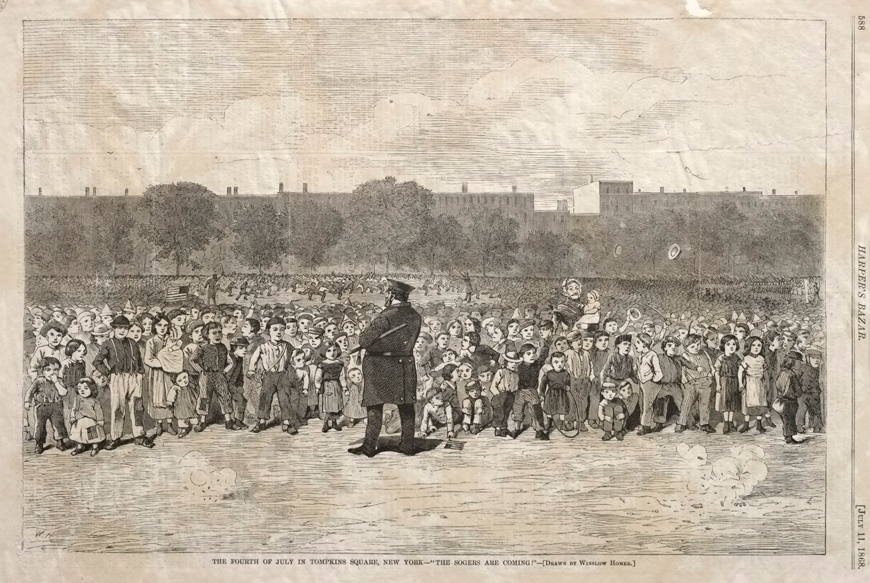 Fourth of July op Tompkins Square, New York - "De Sogers komen eraan". door Winslow Homer