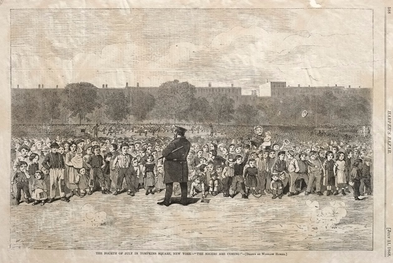 De vierde juli in Tompkins Square, New York - De Sogers komen, 1868 door Winslow Homer