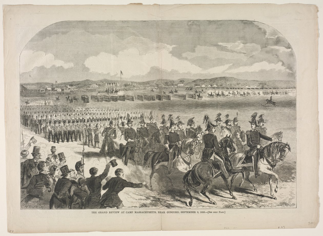 De grote parade in Camp Massachusetts, nabij Concord, 9 september 1859 door Winslow Homer