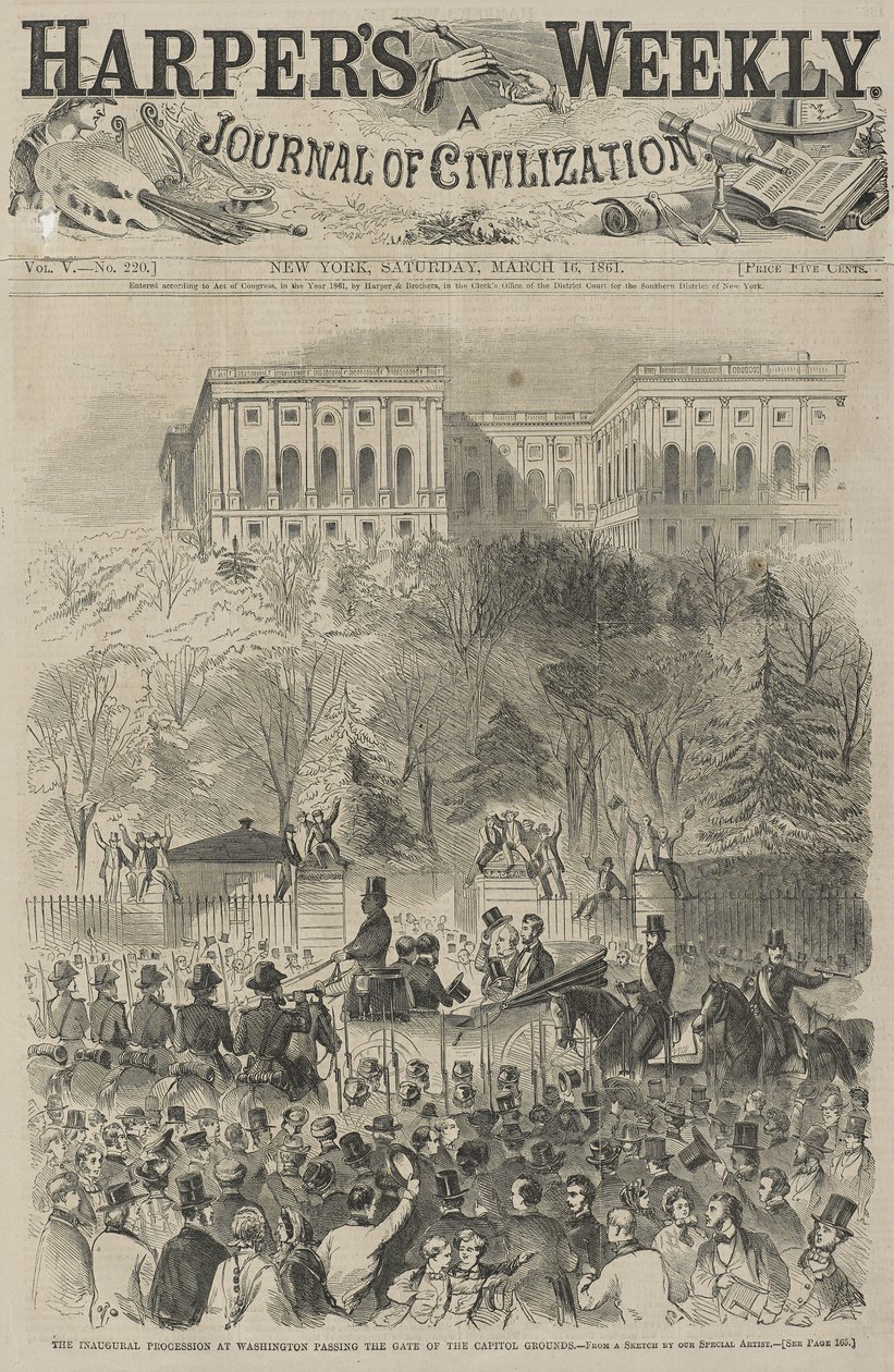 De Inaugurale Processie in Washington die de Poort van het Capitoolterrein Passeert, 1861 (naar een schets van onze speciale kunstenaar) door Winslow Homer