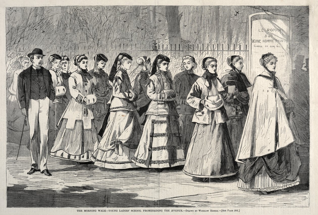 De Ochtendwandeling - Jonge Dames School Promeneren op de Avenue, 1868 door Winslow Homer