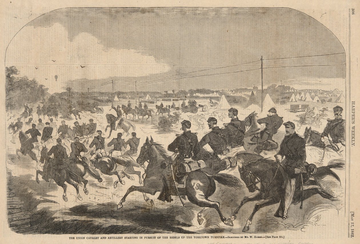 De cavalerie en artillerie van de Unie beginnen de achtervolging van de rebellen op de Yorktown Turnpike, uit Harper door Winslow Homer