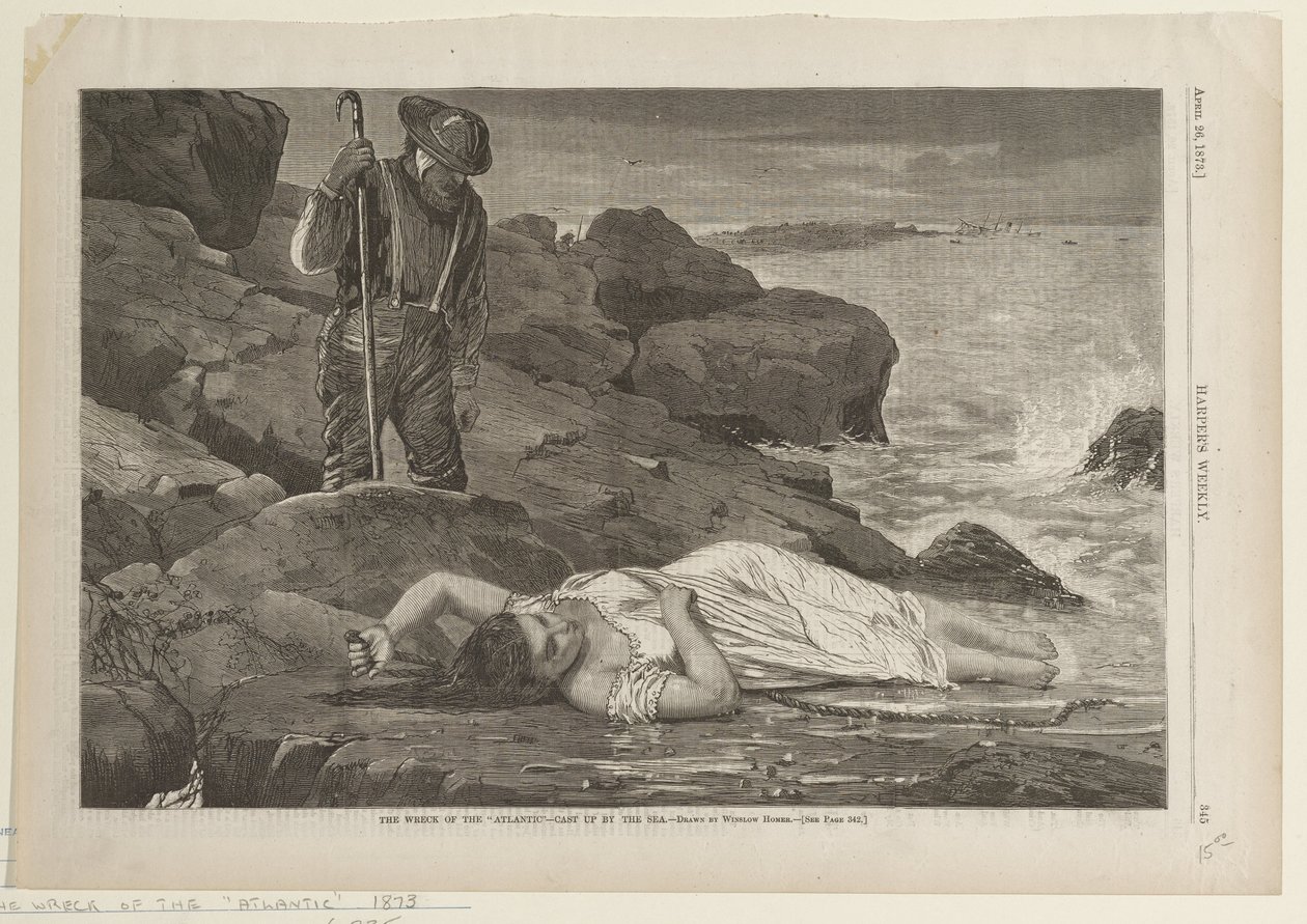 Het wrak van de Atlantic dat door de zee aan land is geworpen door Winslow Homer