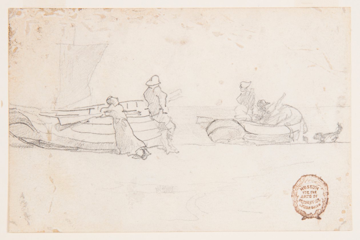 Twee Boten op het Strand met Figuren, Cullercoats, Engeland door Winslow Homer