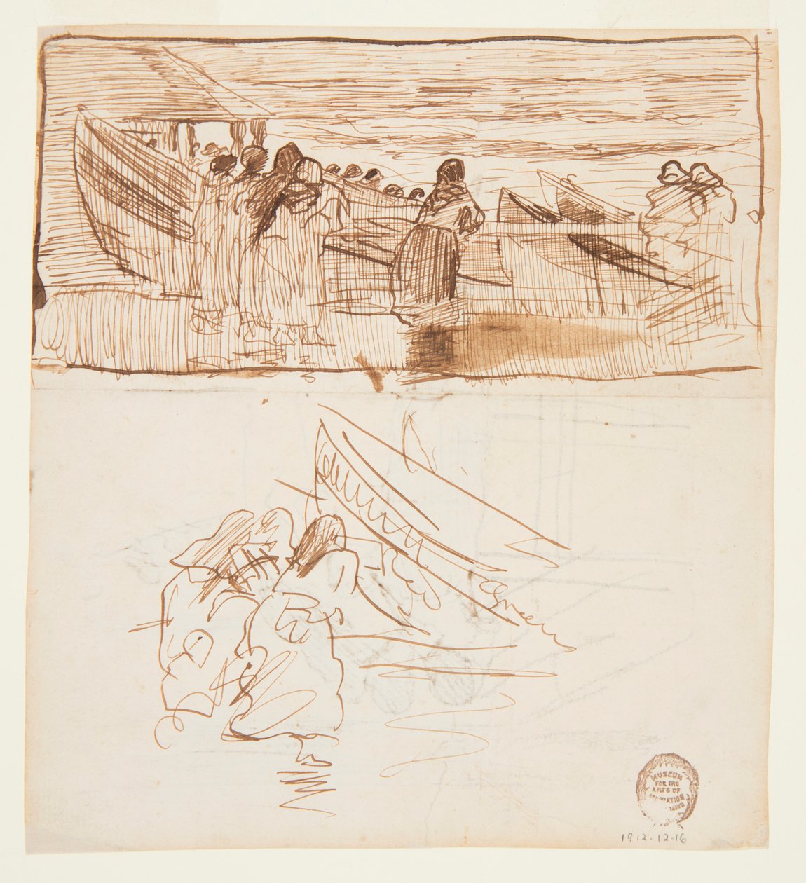 Twee studies van vrouwen achter een reling, kijkend naar de tewaterlating van dories, Cullercoats, Engeland door Winslow Homer