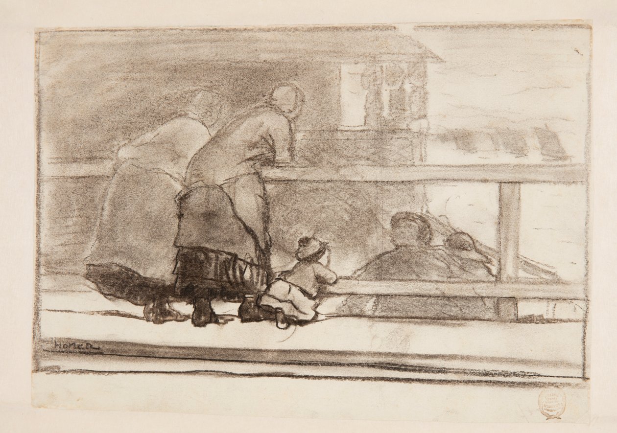 Twee vrouwen en een kind bij een reling, uitkijkend over het strand van Tynemouth door Winslow Homer