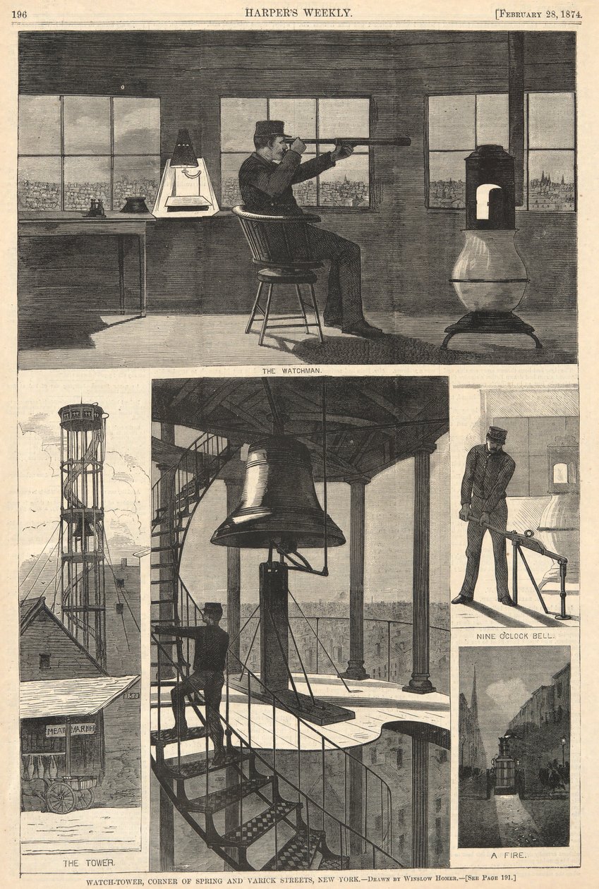 Wachttoren, Hoek van Spring en Varick Streets, New York, uit Harper door Winslow Homer