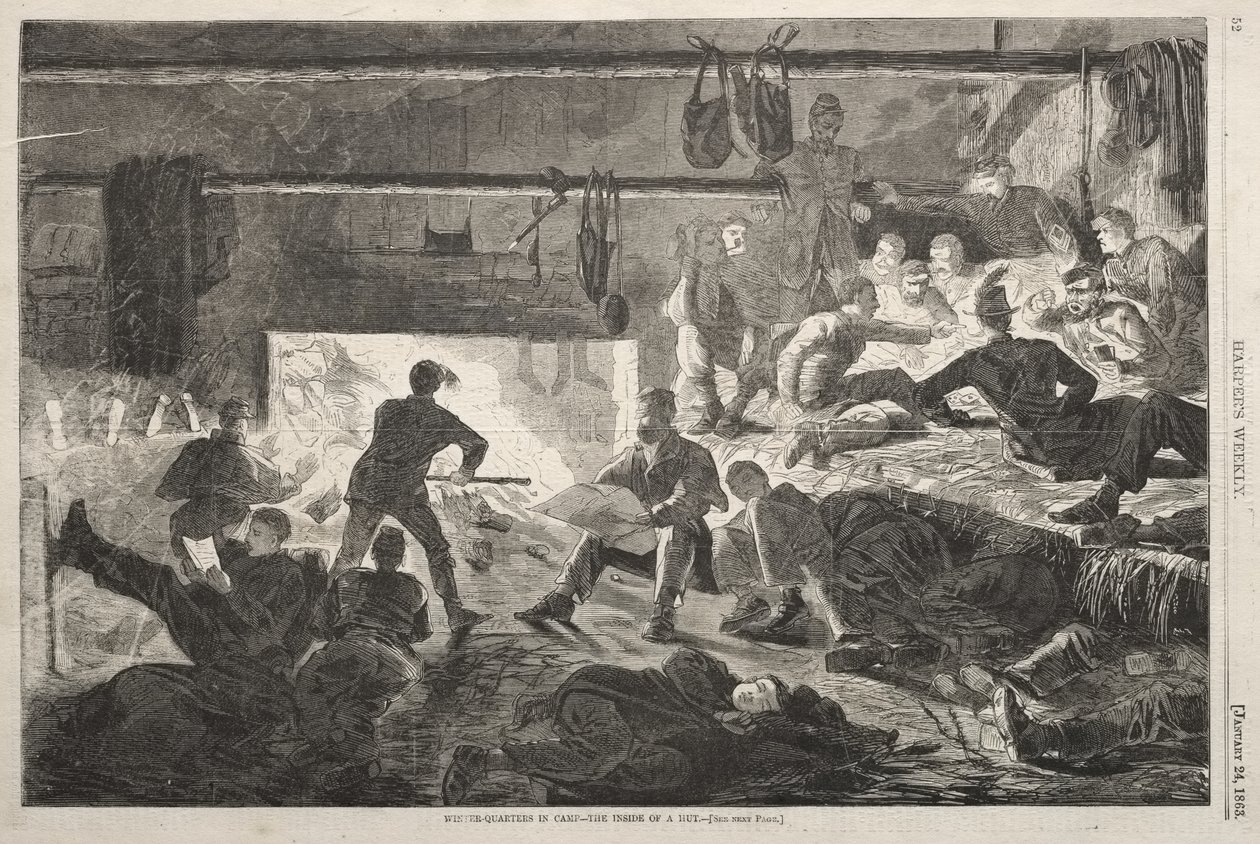 Winterverblijf in het kamp – Het interieur van een hut door Winslow Homer