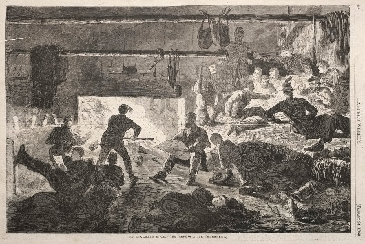 Winterkwartieren in Kamp - De Binnenkant van een Hut, 1863 door Winslow Homer