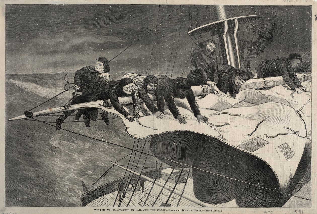 Winter op zee – Zeilen voor de kust door Winslow Homer