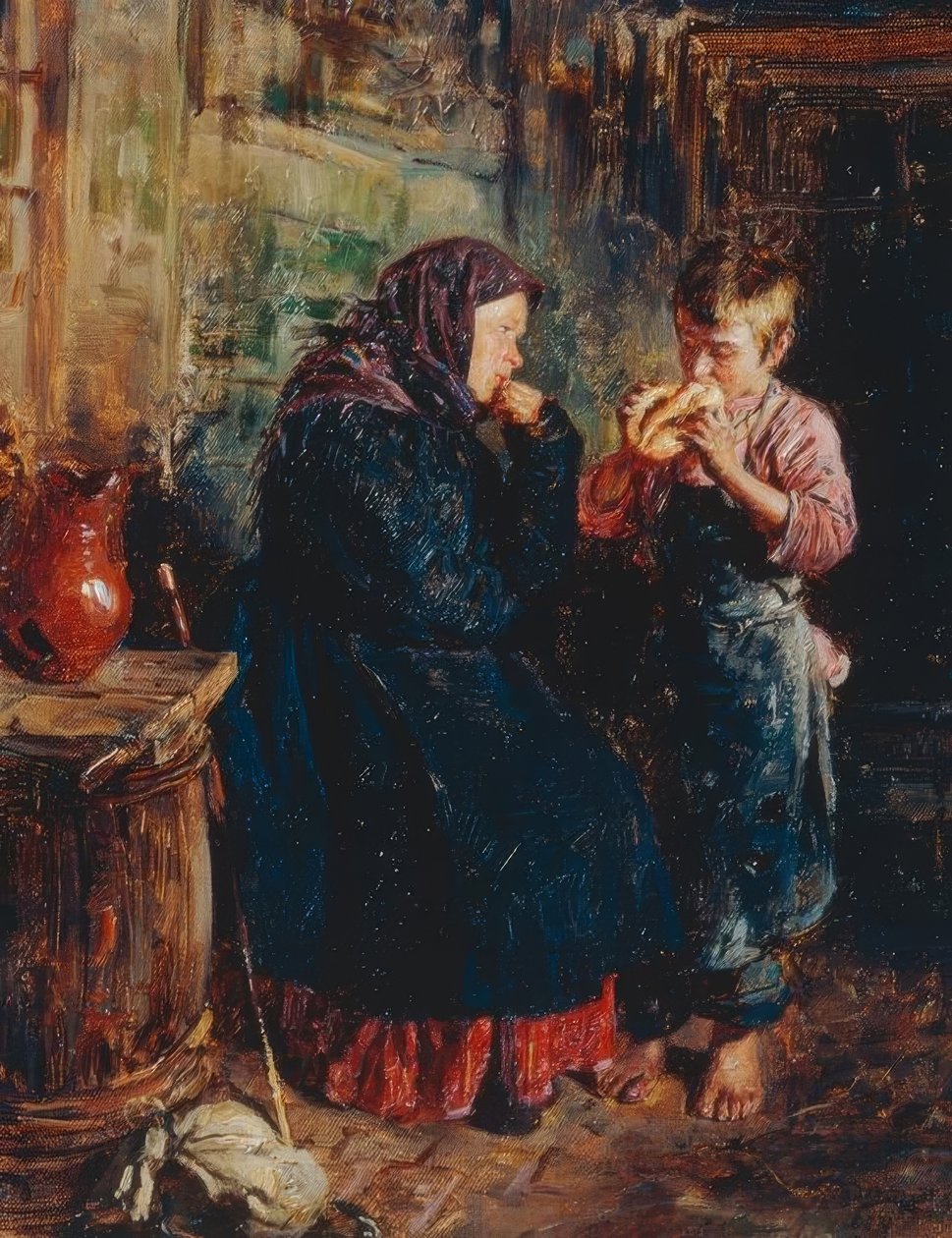 Oude vrouw en jongen met brood door Wladimir Jegorowitsch Makowski
