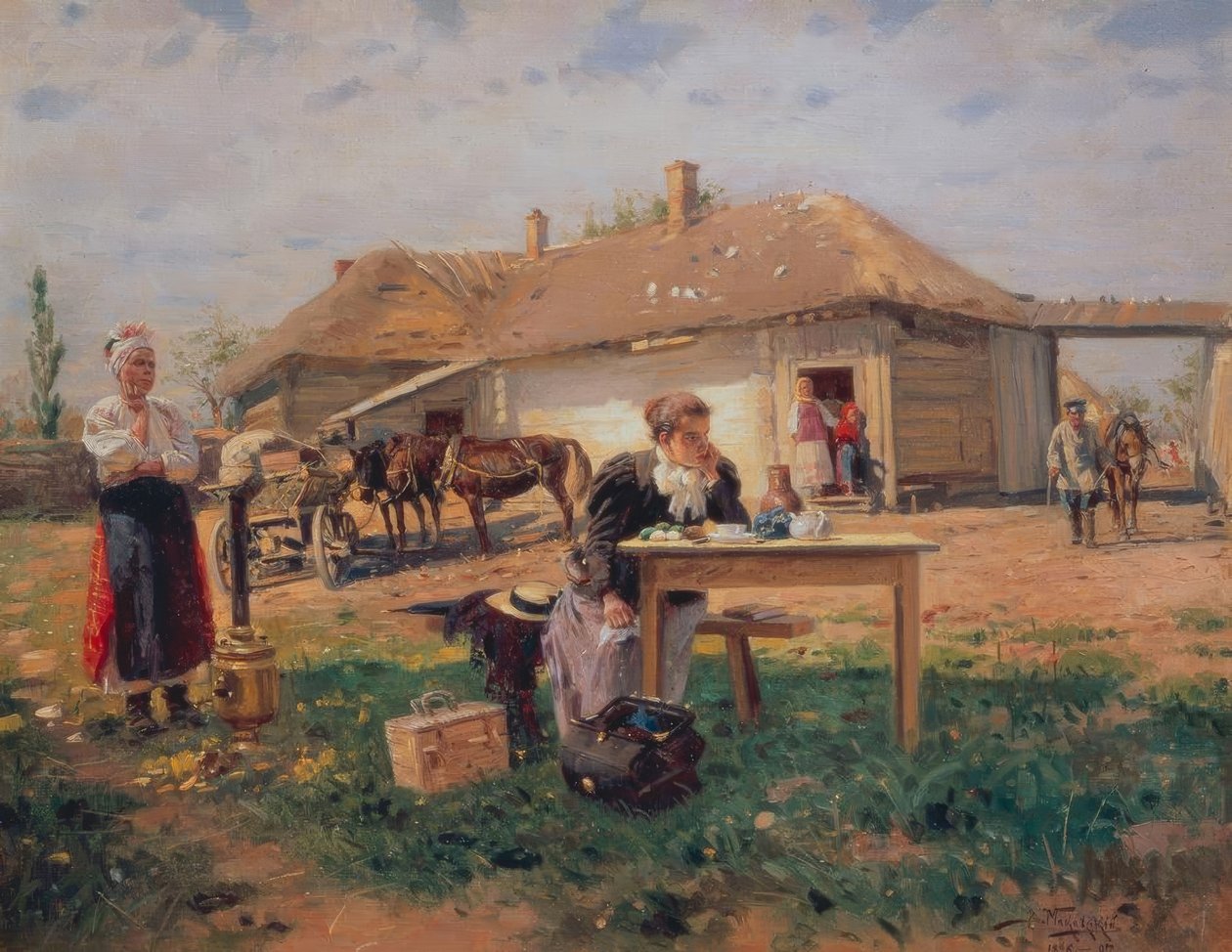 De aankomst van de lerares in het dorp door Wladimir Jegorowitsch Makowski