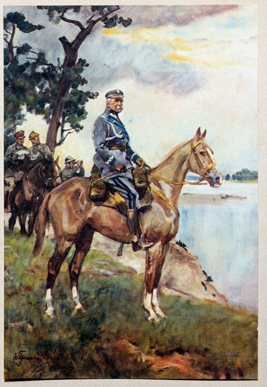 Ruiterportret van Maarschalk Jozef (Joseph) Klemens Pilsudski (1867-1935) op zijn favoriete paard Kasztanka door Wojciech Kossak