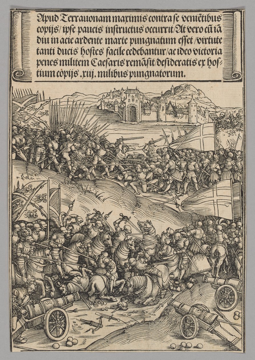 Slag bij Guinegate, plaat 4 uit Historische scènes uit het leven van keizer Maximiliaan I van de triomfboog door Wolf Traut