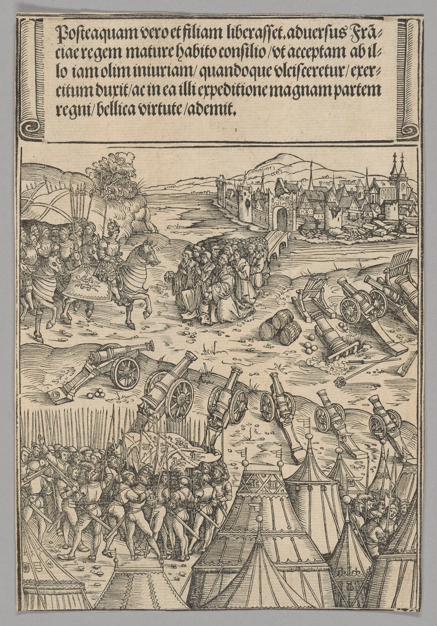 Capitulatie van een Franse stad, plaat 12 uit Historische scènes uit het leven van keizer Maximiliaan I van de Triomfboog door Wolf Traut