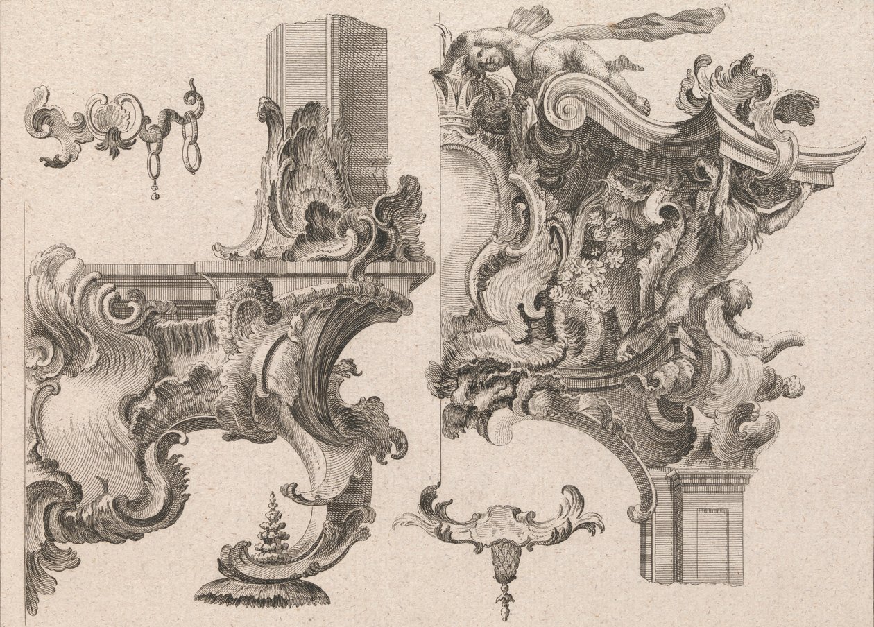 Suggestie voor de decoratie van de rechteronder- en rechterbovenkant van een altaarframe, gedrukt ca. 1750-56 door Wolffgang Christoph Mayr