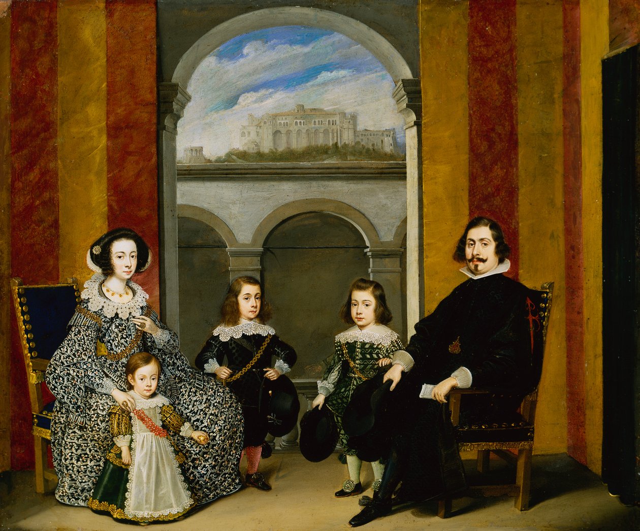 Francesco Tapia, Graaf van Vasto, met zijn Familie zittend in een interieur van het Palazzo Tapia met een Uitzicht op het Castello di Sant Elmo door Wolfgang Heimbach