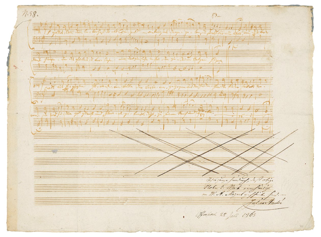 Autograaf Muziekmanuscript, Twee Duitse Kerkelijke Liederen, K.343 door Wolfgang Amadeus Mozart