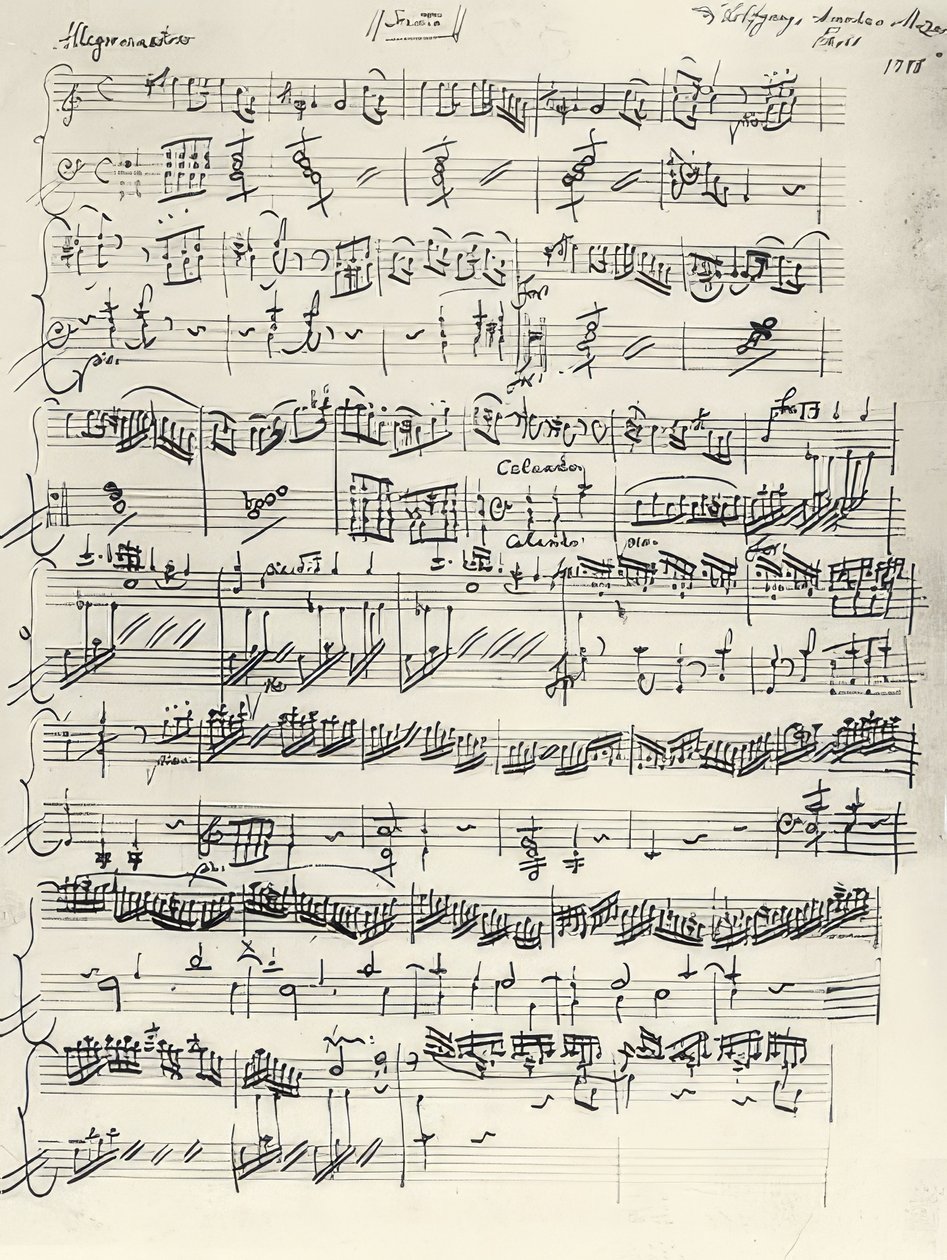 Begin van de pianosonate in A-mineur, KV310. Autograaf door Wolfgang Amadeus Mozart